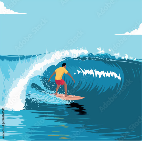 travel, illustration, vector, vacation, summer, sea, ocean, beach, tropical, outdoor, art, design, holiday, tourism, background, leisure, surfboard, coast, graphic, wave, surfer, surfing, sunlight, 