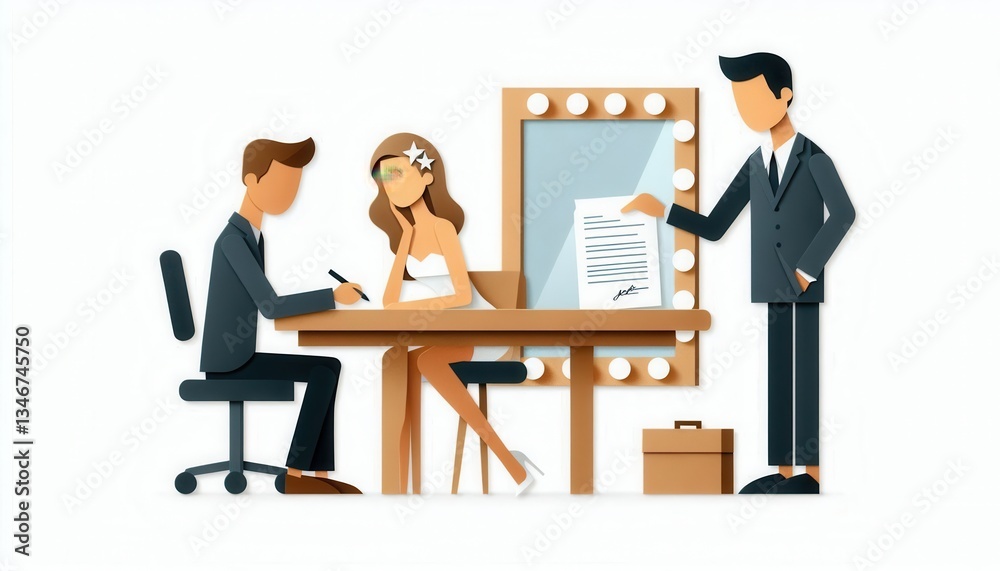 Fototapeta premium Model signing contract in makeup studio professional setting artistic environment close-up view