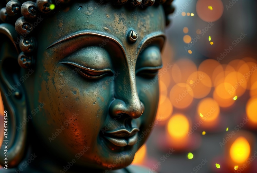 Green Buddha with candles. Close-up of a green Buddha statue with candle lights in the background creating a meditative and calming atmosphere.