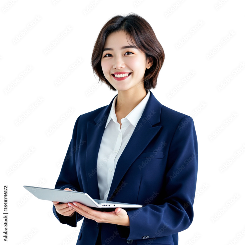 Young Japanese Instructor in a Suit Holding a Laptop Young Japanese Instructor in a Suit Holding a Laptop