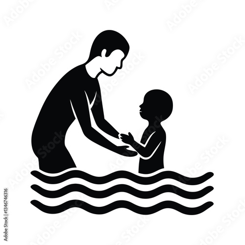 Adult assisting child in water safety and swimming lessons