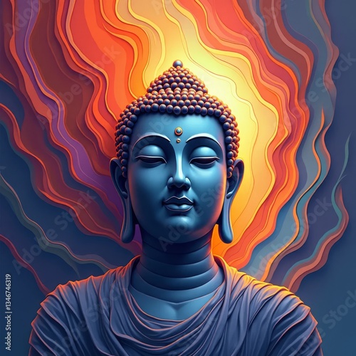 Buddha colorful portrait. Description. Close-up of blue Buddha statue against vibrant orange and purple background.