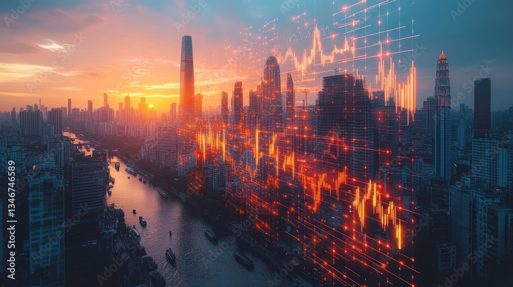 Fototapeta premium City skyline at sunrise with financial data overlay