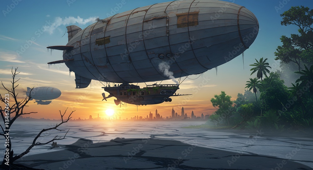 Obraz premium Airship Flying Over Sunset Landscape with City Silhouette and Tropical Elements