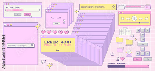Trendy y2k sticker set. Old computer aesthetic.Retro user interface windows, errors, buttons for music control. Nostalgia for 1990s -2000s.Vector illustration