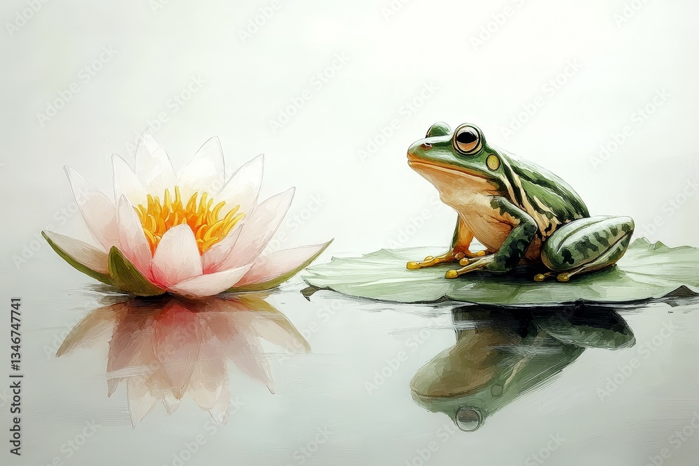 Zen Ink Frog and Lotus, Frog and lily pads