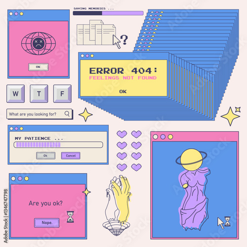 Trendy y2k sticker set. Old computer aesthetic.Retro user interface windows, errors and psychedelic greek sculpture. Nostalgia for 1990s -2000s.Vector illustration