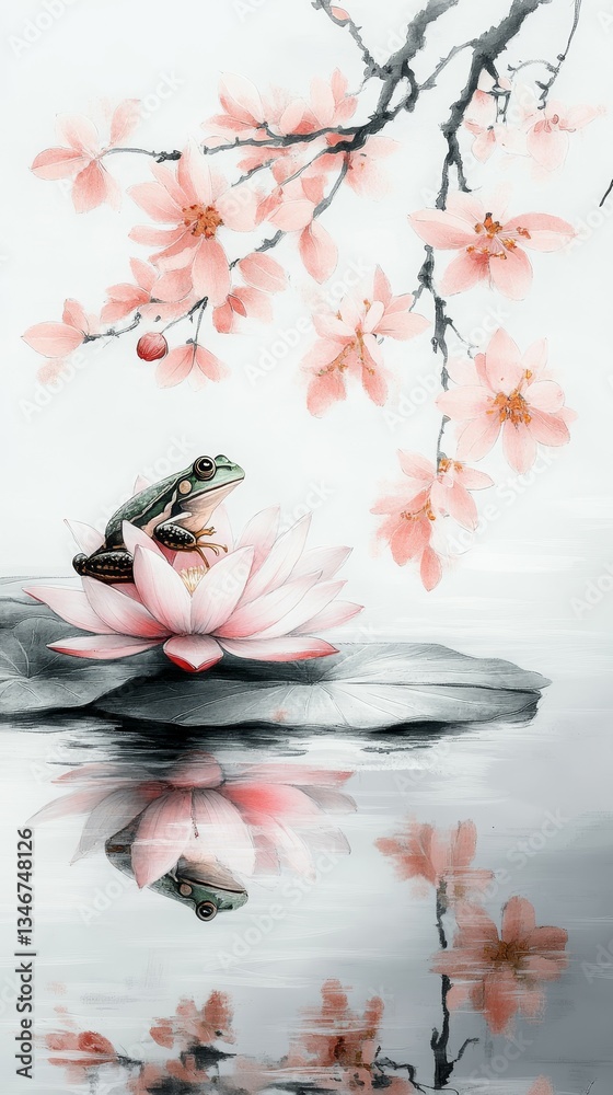 Zen Ink Frog and Lotus, Frog and lily pads