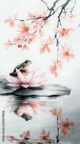 Obraz na płótnie Zen Ink Frog and Lotus, Frog and lily pads w salonie