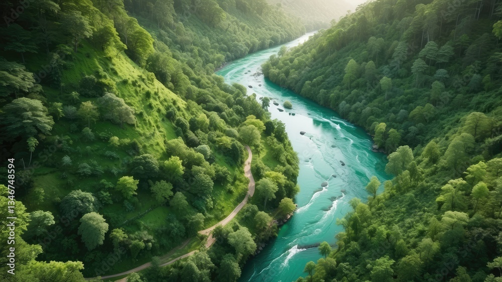 Aerial view of a lush green forest with a winding river cutting through it. Aerial view of a lush green forest with a winding river cutting through it.