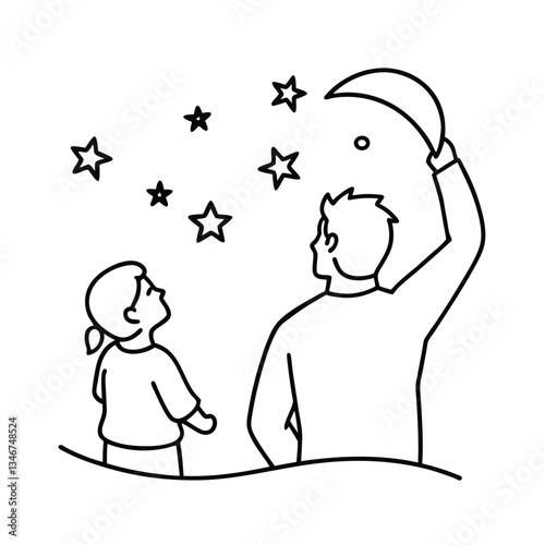 Father and Daughter Stargazing Night Sky, Moon, Stars, Dreams