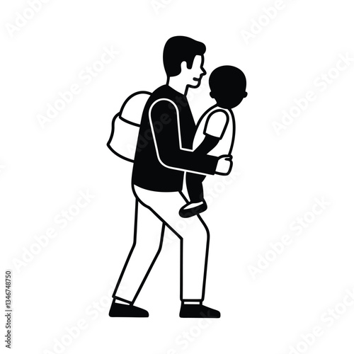 Father carrying toddler, daycare, preschool, backpack, child, family, love, care, black, white