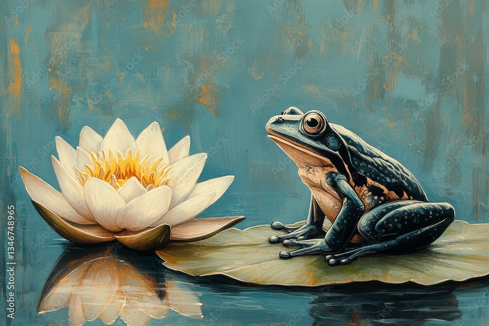 Zen Ink Frog and Lotus, Frog and lily pads