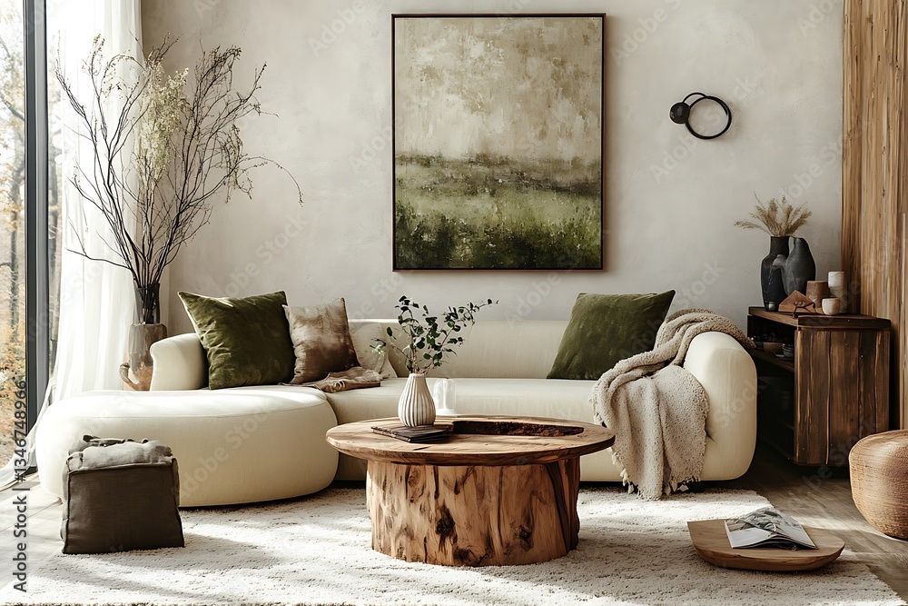 Obraz premium Stylish modern living room. A spacious sofa and minimalist decor in earthy tones create a warm and inviting living area, perfect for relaxation.
