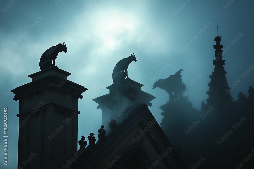 Gargoyles guard shadowed architecture in eerie blue light. Gargoyles guard shadowed architecture in eerie blue light.
