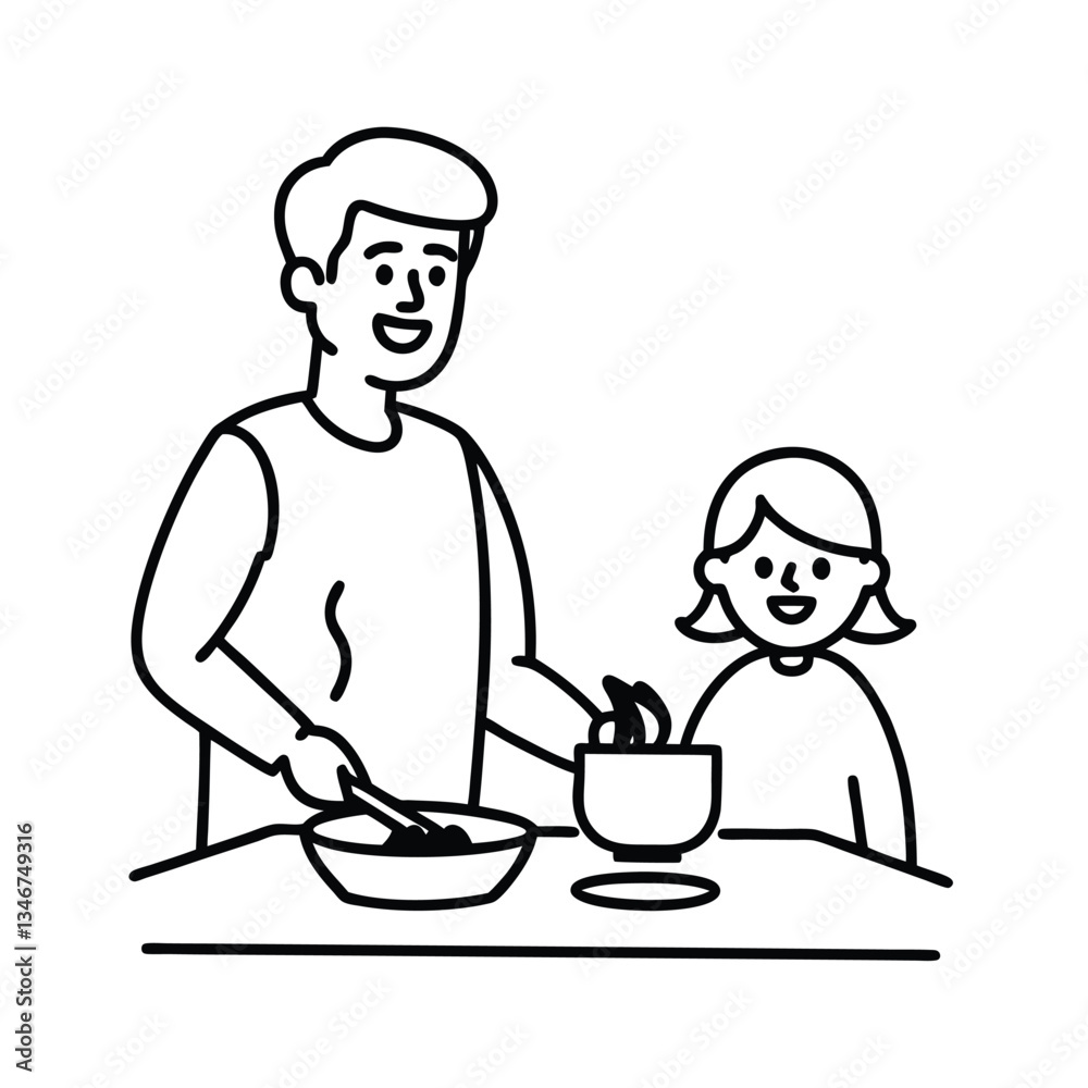 Happy Father and Daughter Cooking Meal Together in Kitchen Happy Father and Daughter Cooking Meal Together in Kitchen