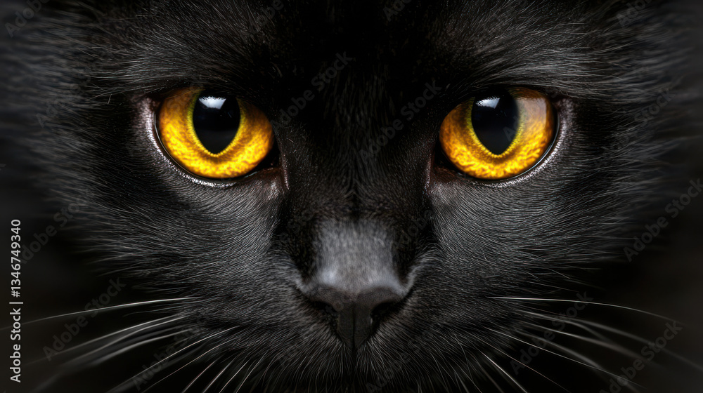 A close-up image of a black cat with piercing yellow eyes, its fur sleek and slightly ruffled. The cat's gaze is intense, staring directly into the camera with an air of mystery A close-up image of a black cat with piercing yellow eyes, its fur sleek and slightly ruffled. The cat's gaze is intense, staring directly into the camera with an air of mystery