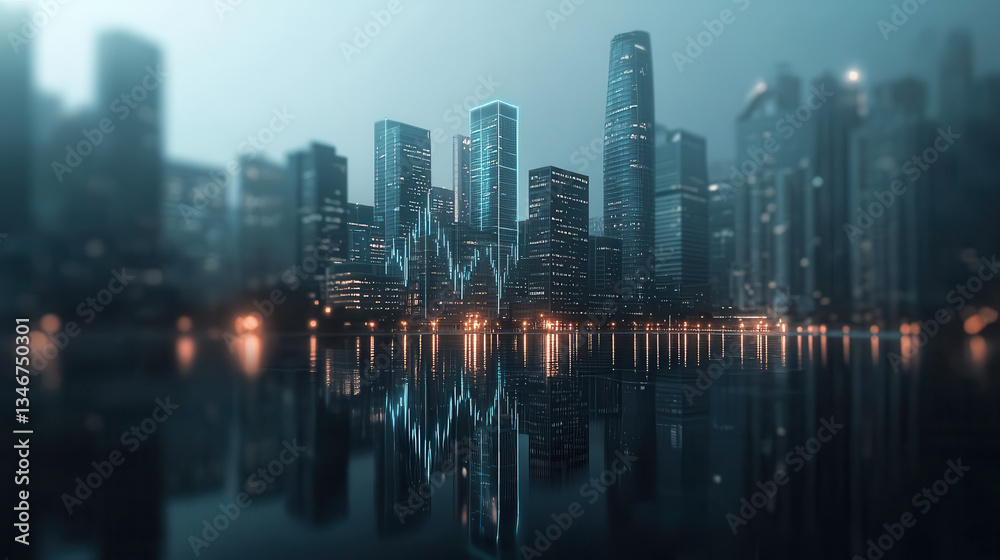 Fototapeta premium futuristic cityscape with glowing skyscrapers reflected in calm water, evoking innovation and serenity