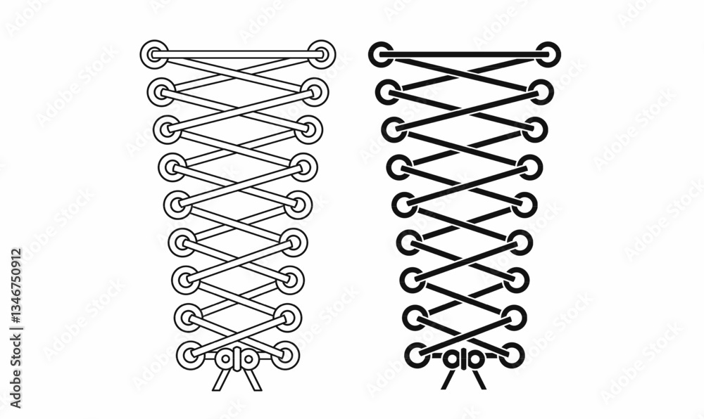 Black and white vector illustration of corset-style shoe lace tying. Perfect for fashion, footwear, and DIY tutorials. Ideal for icons, infographics, and design elements