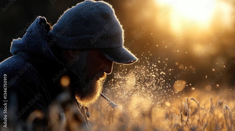 Obraz premium Man in field at sunrise