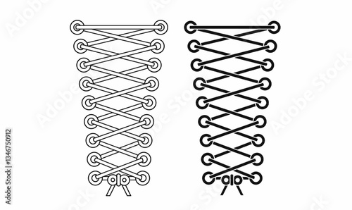 Black and white vector illustration of corset-style shoe lace tying. Perfect for fashion, footwear, and DIY tutorials. Ideal for icons, infographics, and design elements