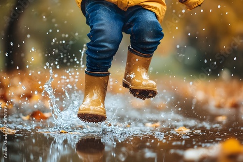 Close-Up of Child Jumping in Puddle with Bare Feet and Water Splashes in Autumn.
