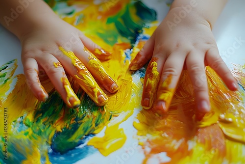 Close-Up of Happy Kid’s Hands Painted with Vibrant Colors on White Background.