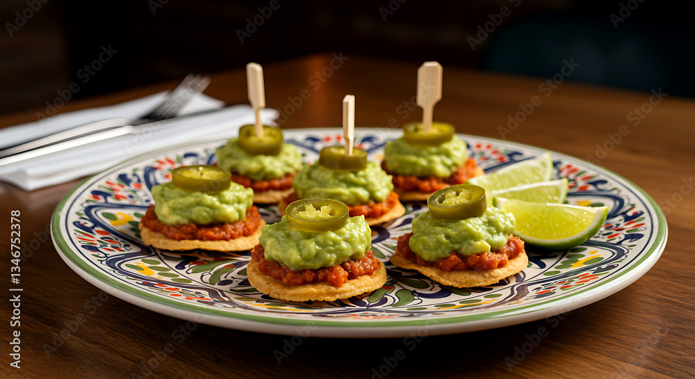 Mexican canapé with mini tostadas topped with guacamole and pickled jalapeños Mexican canapé with mini tostadas topped with guacamole and pickled jalapeños