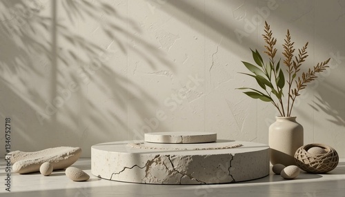 Podium en pierre avec textures naturelles, fond minimaliste pour présentation professionnelle business produit. Publicité, promotion, promontoire.