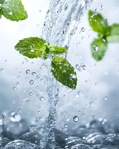 Crystal-Clear Water Splashing with Fresh Mint Leaves in Mid-Air. 