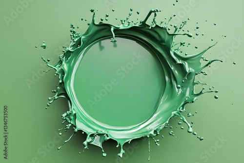 Green Ferrofluid Paint Splashes Forming an Elegant Circular Abstract Background with Copy Space. 