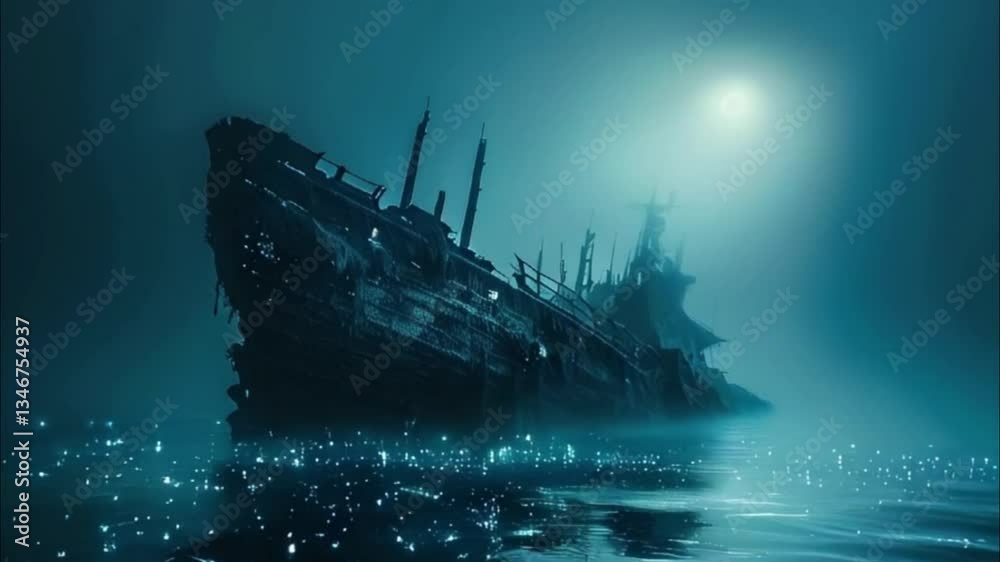 Underwater view of an old sunken ship on seabed with fish swimming around, abstract vivid composition consists of fictional unreal fantastic vision on background Underwater view of an old sunken ship on seabed with fish swimming around, abstract vivid composition consists of fictional unreal fantastic vision on background