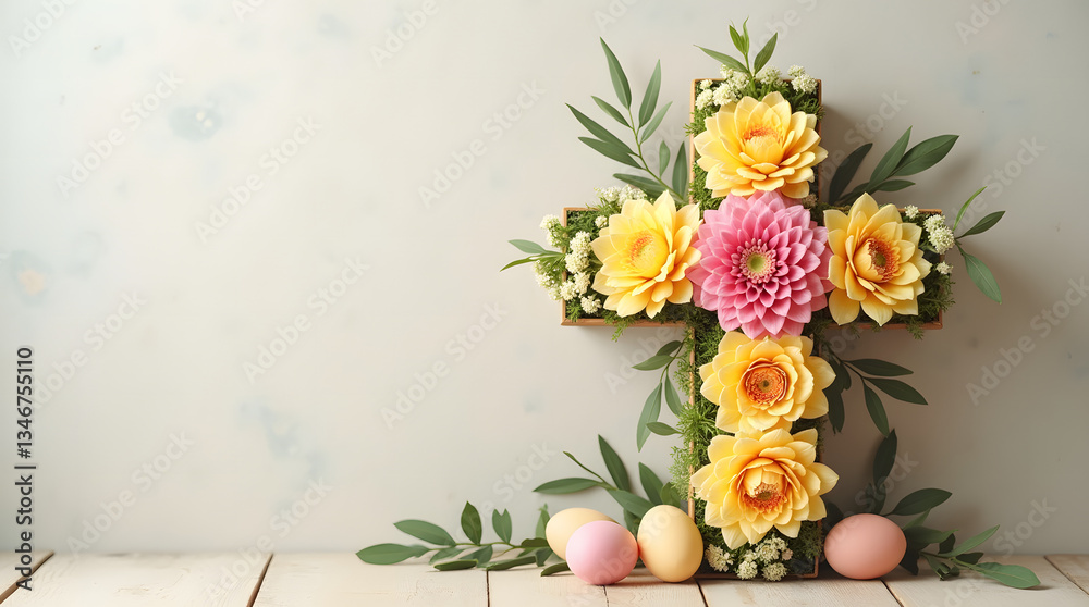 Fototapeta premium Elegant Floral Cross with Soft Pink and Vibrant Yellow Blooms – Perfect for Religious Decor, Easter Celebrations, and Spiritual Ambiance