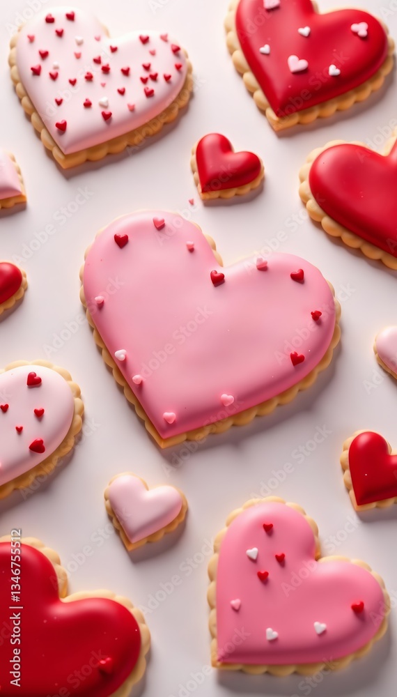 Assortment of Valentine's Day cookies in heart shapes, decorated with red and white icing on a light surface, sugar, hearts, romance
