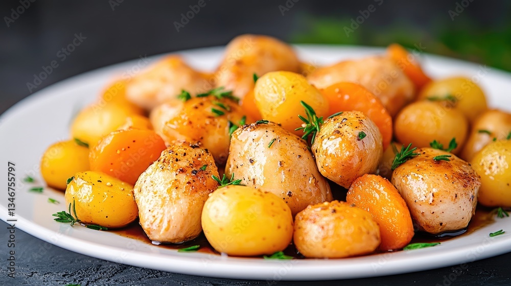Perfectly seared chicken served on a white plate with baby potatoes and carrots in herbs and balsamic glaze, creating a vibrant dish Perfectly seared chicken served on a white plate with baby potatoes and carrots in herbs and balsamic glaze, creating a vibrant dish