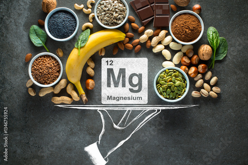 Composition with products containing magnesium. Healthy foods high in magnesium. Top view.