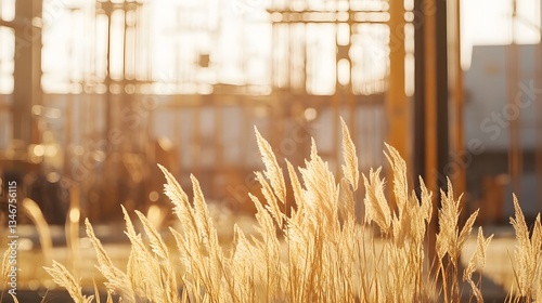 Serene Construction Site with Golden Brown Grasses and Blurred Industrial Background.