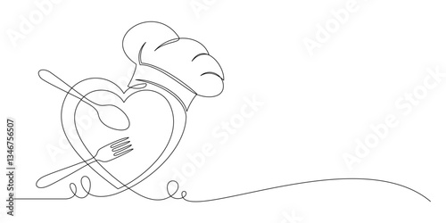 Chef hat with cutlery vector continuous line art 3