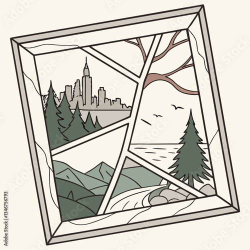 Shattered Mirror with Unique Reflected Landscapes – Surreal Fantasy Art