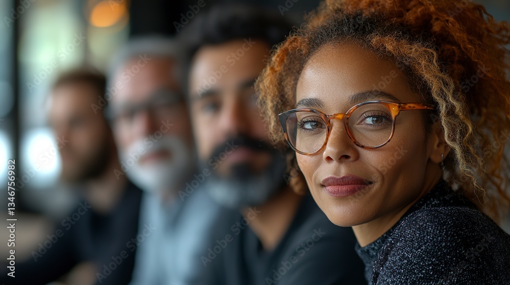 Fototapeta premium A Confident Woman With Warm Amber Glasses Leads Her Team, Exuding Strength And Determination In A Soft-focus Portrait