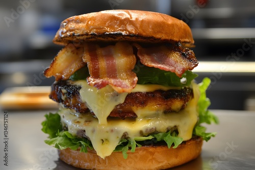 Gourmet Burger with Melted Cheese, Crispy Bacon, and Brioche Bun. 