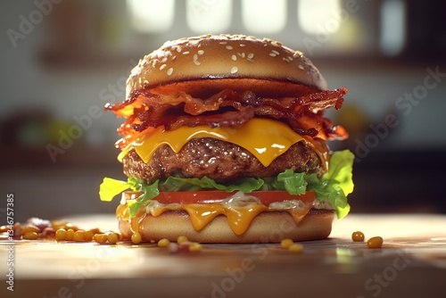 Gourmet Burger with Melted Cheese, Crispy Bacon, and Brioche Bun. 