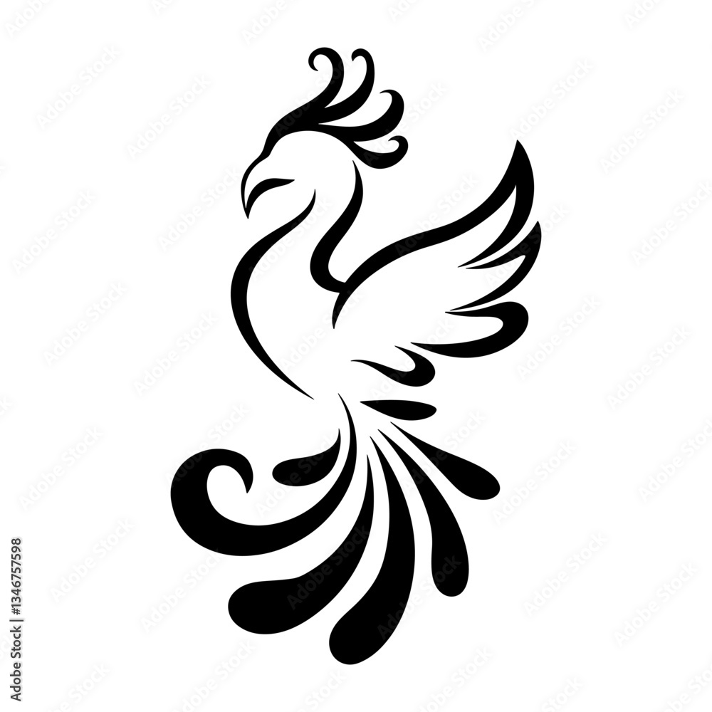 Obraz premium Elegant Black Silhouette Phoenix Tattoo Design – Tribal Art Vector