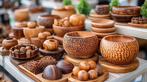 Vibrant woodcraft fair displaying hand carved toy polished decorative piece intricate wooden pattern colorful natural stain stacked timber log smooth varnished finish artisan crafted wooden panel