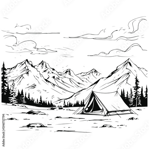 tent in the mountains sketch illustration