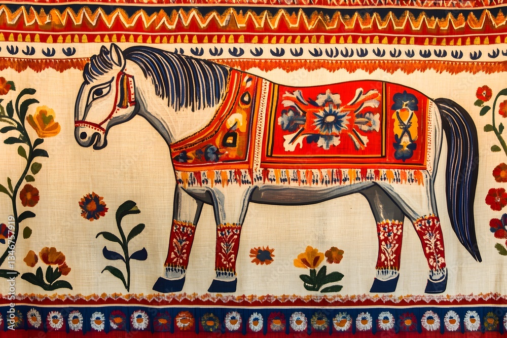 A traditional Swedish Dala horse printed fabric highlighting bold primary colors and simple designs A traditional Swedish Dala horse printed fabric highlighting bold primary colors and simple designs