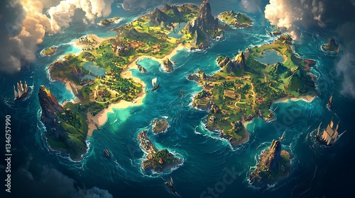 Vast archipelago, lush landscapes, vibrant seas, dotted with islands, and numerous settlements