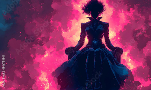 Wallpaper Mural A powerful woman sits enthroned amidst vibrant, fiery clouds, her silhouette striking against the intense hues Torontodigital.ca