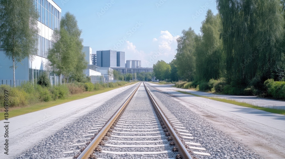 Fototapeta premium Empty train tracks leading to modern buildings