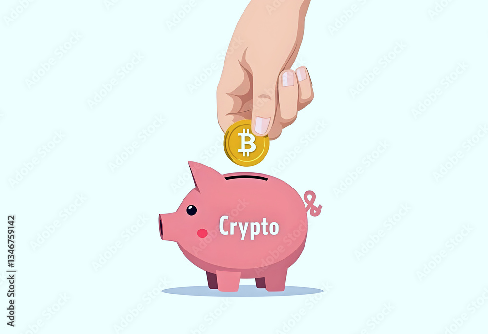 Hand Depositing Bitcoin into Pink Piggy Bank with Crypto Text – Cryptocurrency Investment and Savings Concept, white background